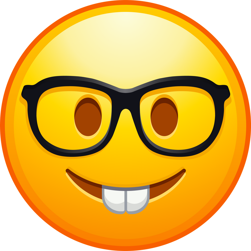 Top quality emoticon. Nerd emoji. Emoticon with transparent glasses, funny yellow face with black-rimmed eyeglasses.